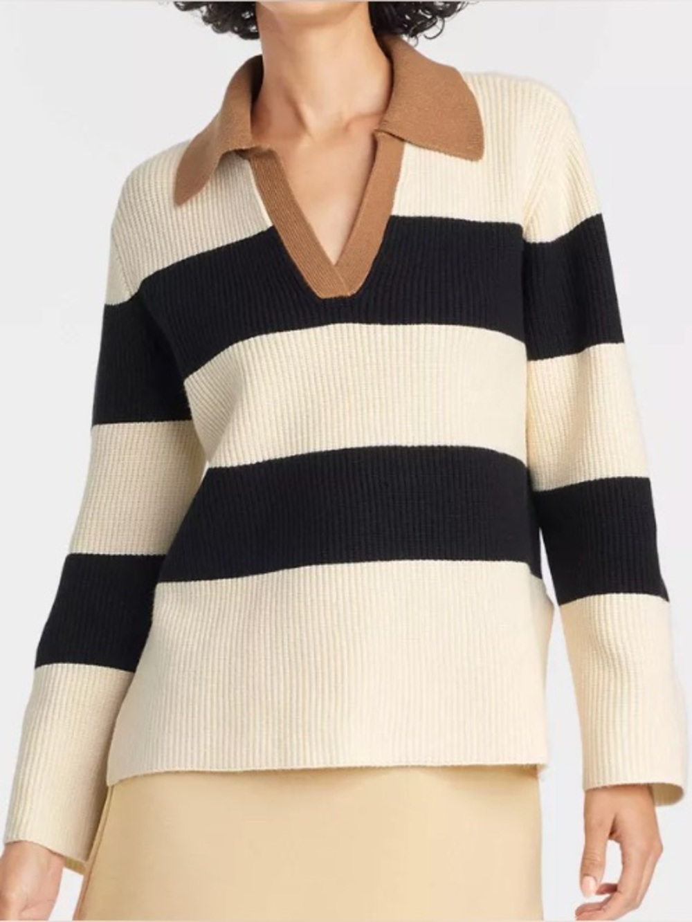 A New Day Black, Cream & Tan Rugby Striped V-Neck Polo Sweater Size Large